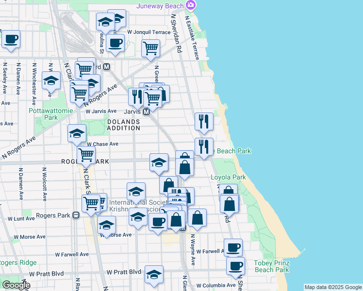 map of restaurants, bars, coffee shops, grocery stores, and more near 1349 West Chase Avenue in Chicago