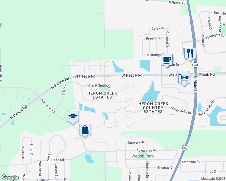 map of restaurants, bars, coffee shops, grocery stores, and more near 445 Viking Drive in Sycamore