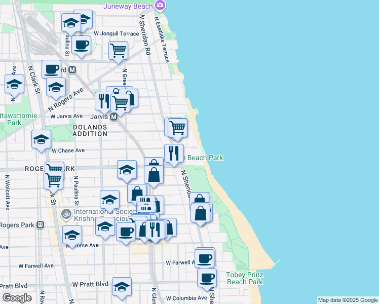map of restaurants, bars, coffee shops, grocery stores, and more near 1221 West Chase Avenue in Chicago