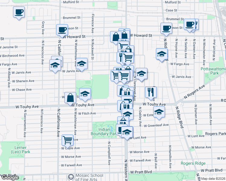 map of restaurants, bars, coffee shops, grocery stores, and more near 7249 North Campbell Avenue in Chicago
