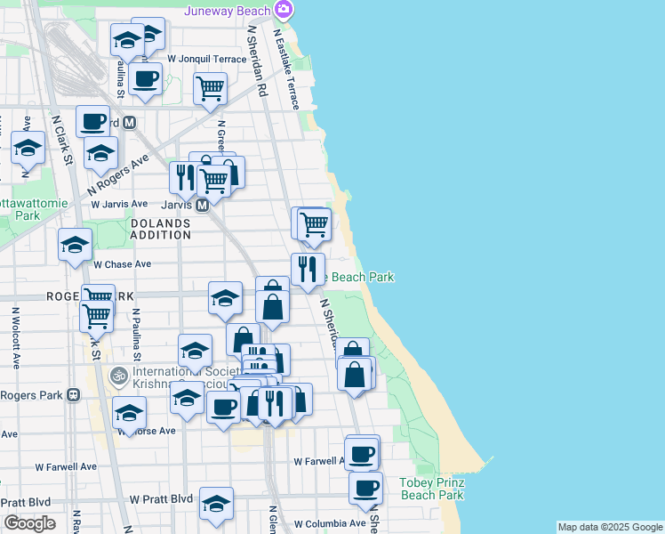 map of restaurants, bars, coffee shops, grocery stores, and more near 1229 West Chase Avenue in Chicago