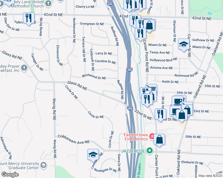 map of restaurants, bars, coffee shops, grocery stores, and more near 2040 Glass Road Northeast in Cedar Rapids