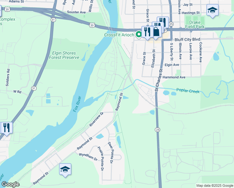 map of restaurants, bars, coffee shops, grocery stores, and more near Fox River Trail in South Elgin