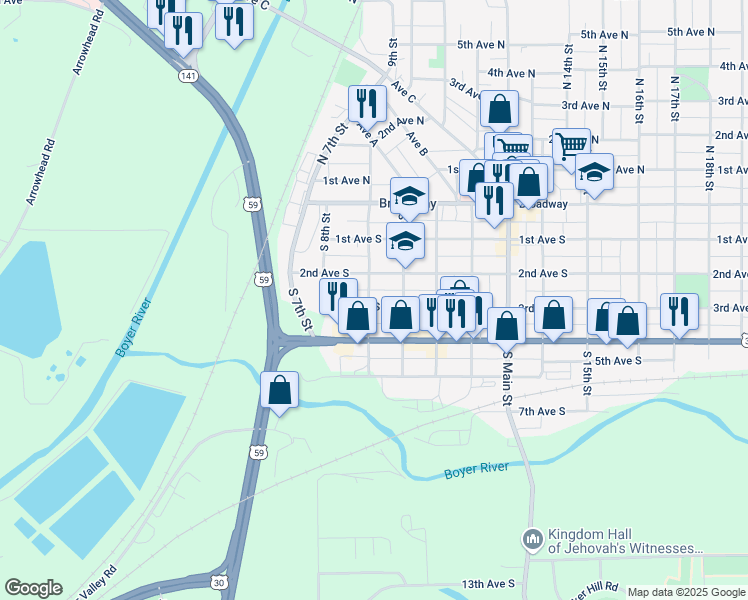 map of restaurants, bars, coffee shops, grocery stores, and more near 252 South 9th Street in Denison
