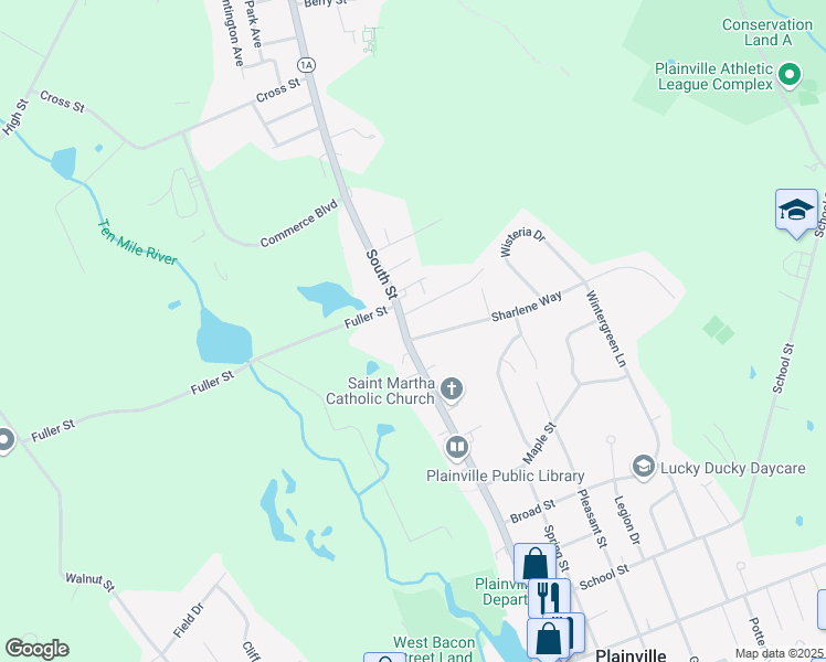map of restaurants, bars, coffee shops, grocery stores, and more near 260 Massachusetts 1A in Plainville