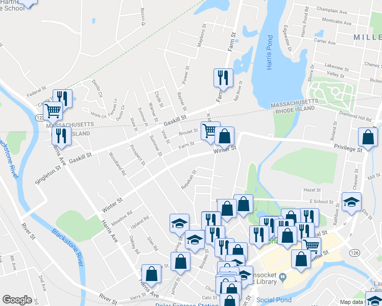 map of restaurants, bars, coffee shops, grocery stores, and more near 522 Winter Street in Woonsocket