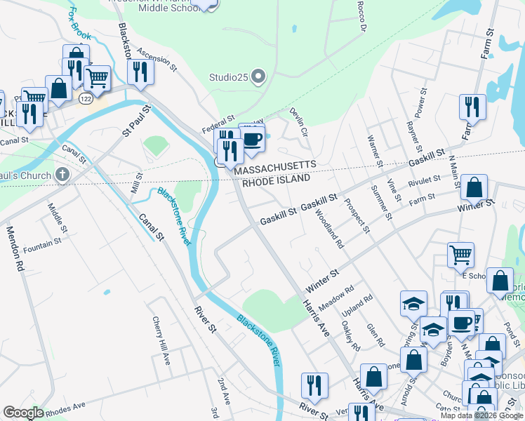 map of restaurants, bars, coffee shops, grocery stores, and more near 28 Gaskill Street in Woonsocket