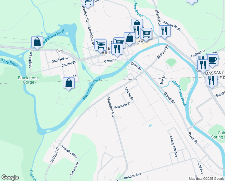 map of restaurants, bars, coffee shops, grocery stores, and more near 105 Saint Paul Street in North Smithfield