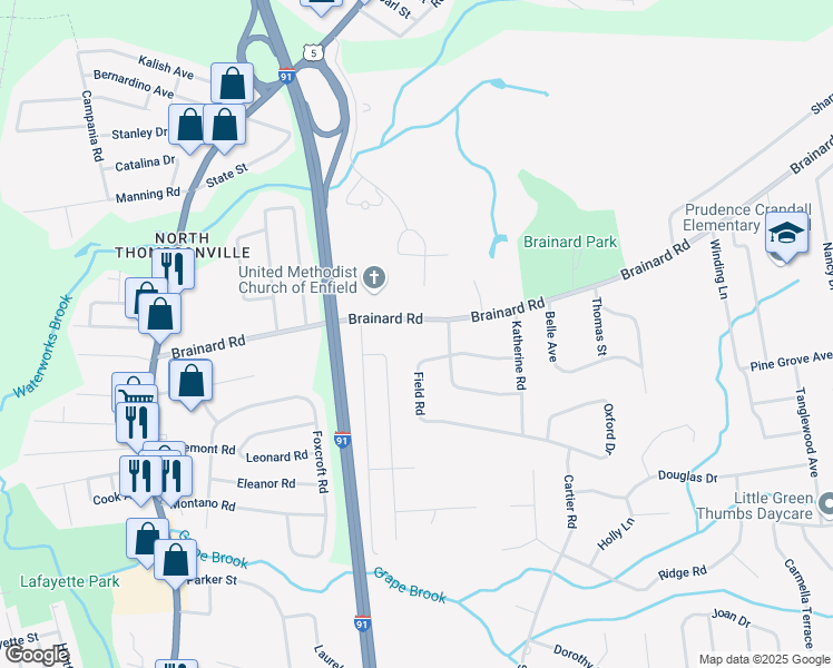 map of restaurants, bars, coffee shops, grocery stores, and more near 18 Field Road in Enfield