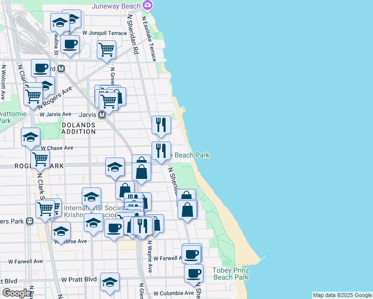 map of restaurants, bars, coffee shops, grocery stores, and more near 1201 West Chase Avenue in Chicago