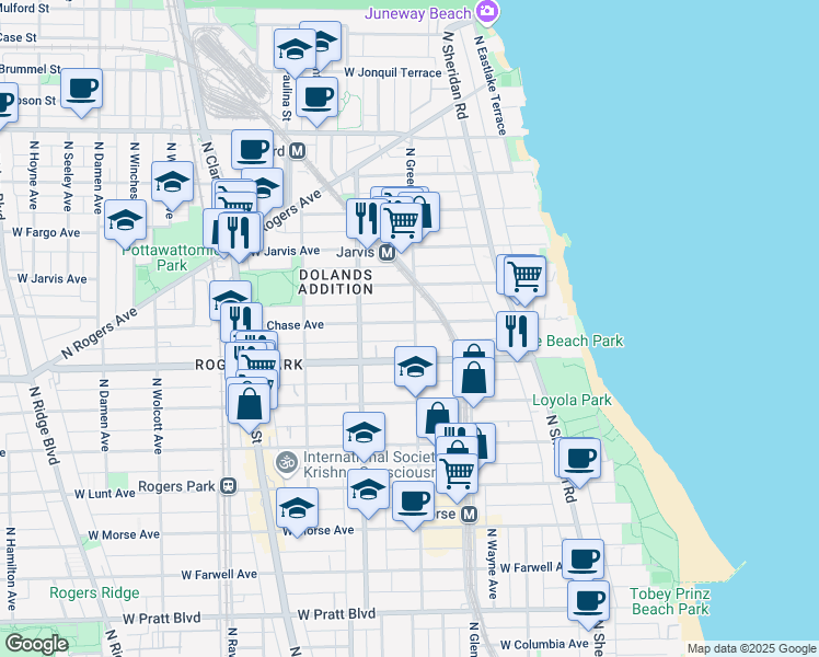 map of restaurants, bars, coffee shops, grocery stores, and more near 1521 West Chase Avenue in Chicago