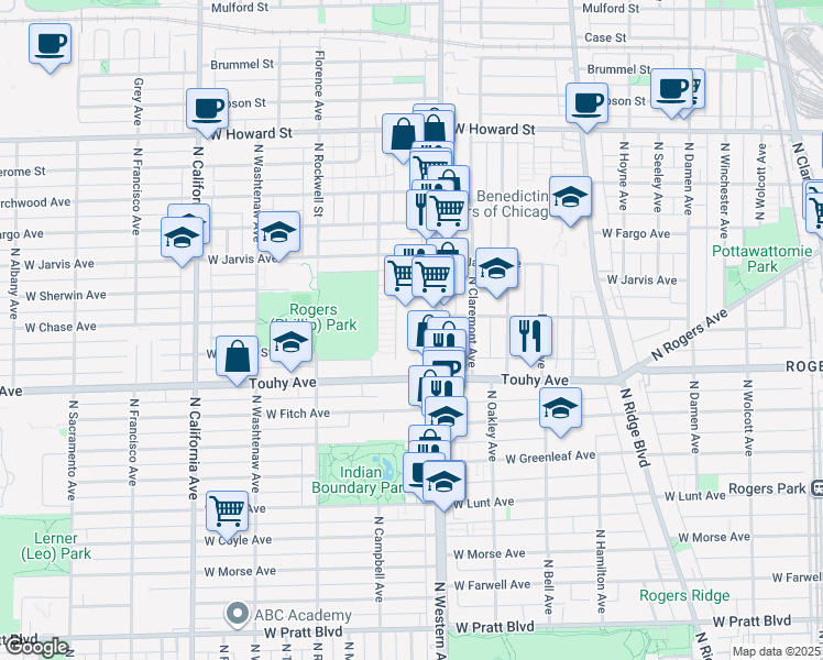 map of restaurants, bars, coffee shops, grocery stores, and more near 7250 North Western Avenue in Chicago