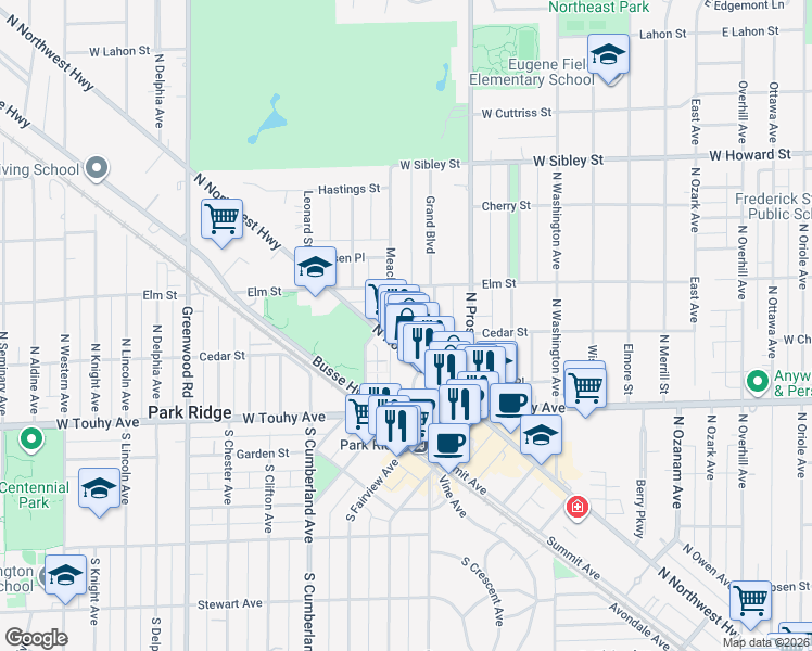 map of restaurants, bars, coffee shops, grocery stores, and more near 630 Cedar Street in Park Ridge