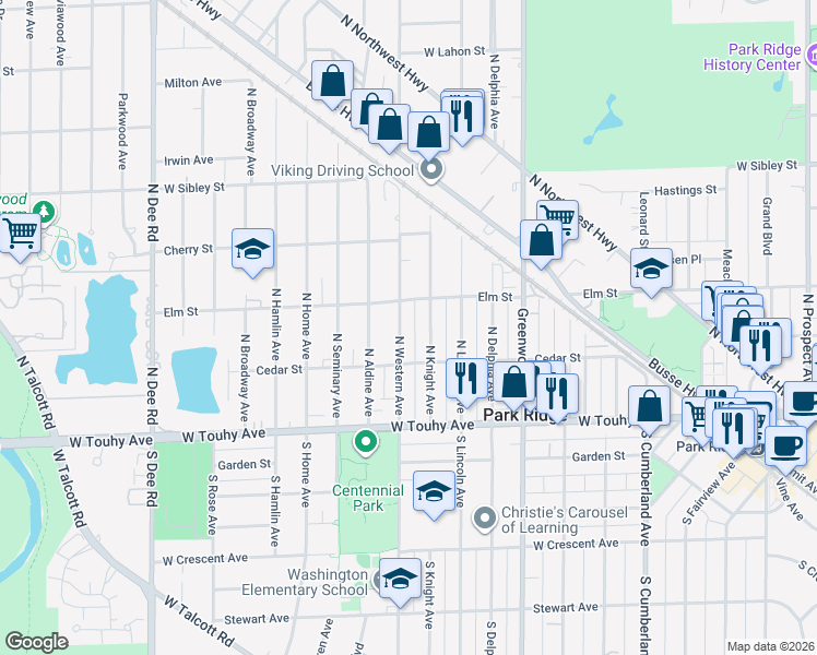 map of restaurants, bars, coffee shops, grocery stores, and more near 222 North Knight Avenue in Park Ridge