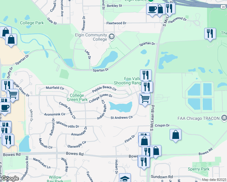 map of restaurants, bars, coffee shops, grocery stores, and more near 1655 Pebble Beach Circle in Elgin