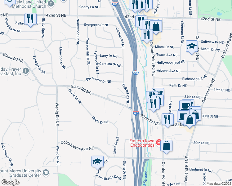 map of restaurants, bars, coffee shops, grocery stores, and more near 2030 Glass Road Northeast in Cedar Rapids