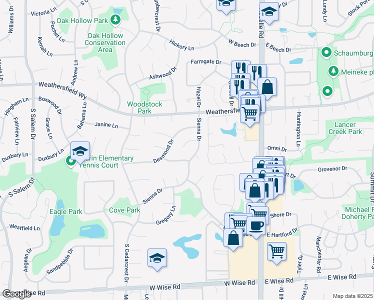 map of restaurants, bars, coffee shops, grocery stores, and more near 714 Sienna Drive in Schaumburg