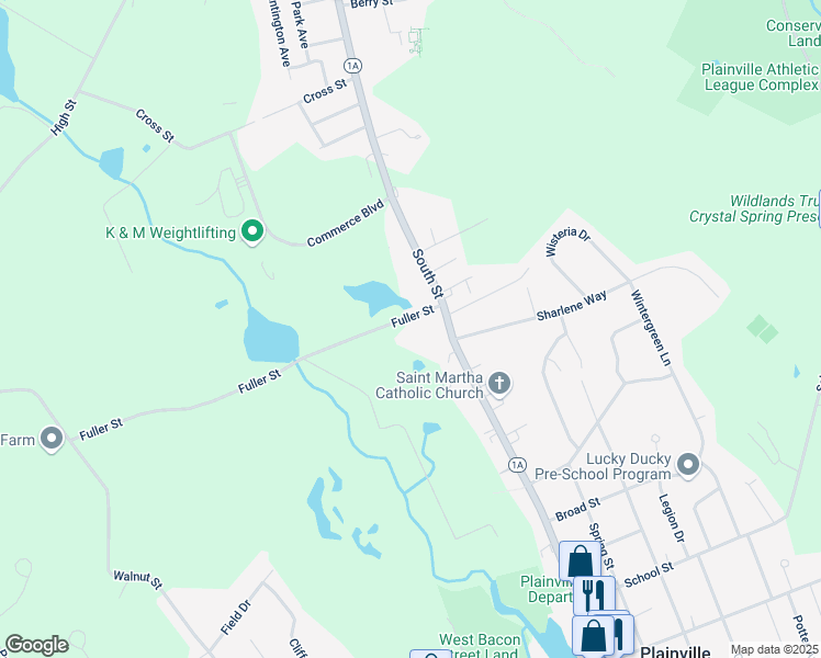 map of restaurants, bars, coffee shops, grocery stores, and more near 6 Fuller Street in Plainville