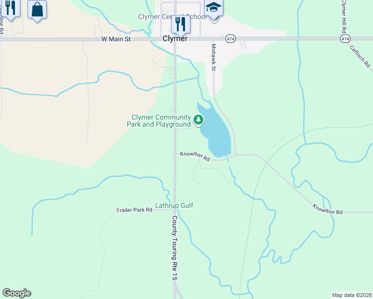 map of restaurants, bars, coffee shops, grocery stores, and more near 8720 Knowlton Road in Clymer