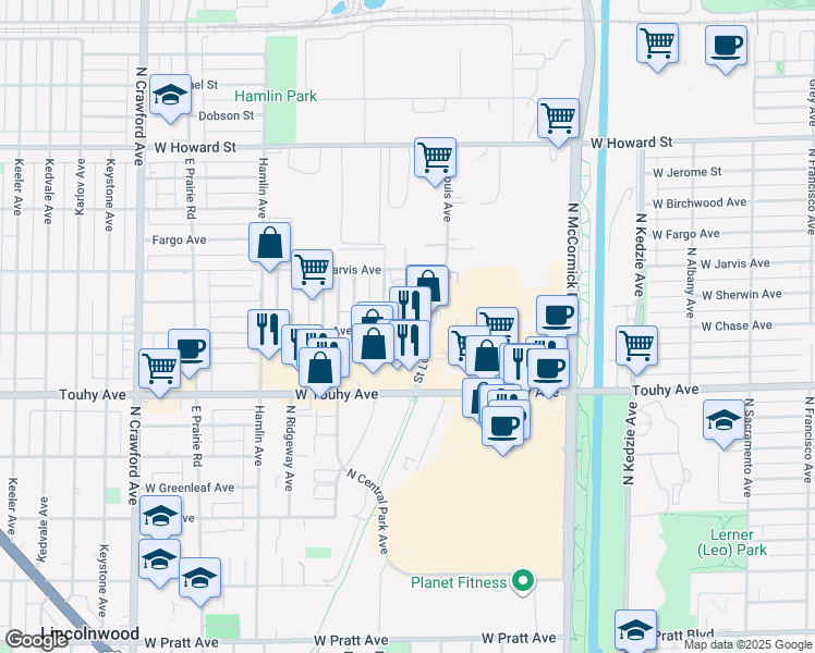 map of restaurants, bars, coffee shops, grocery stores, and more near 7300 Saint Louis Avenue in Skokie