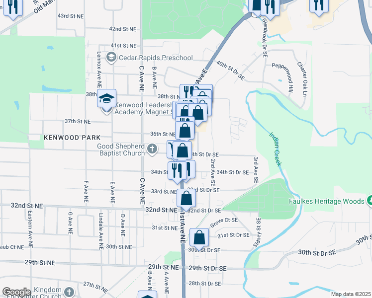 map of restaurants, bars, coffee shops, grocery stores, and more near 110 35th Street Drive Southeast in Cedar Rapids