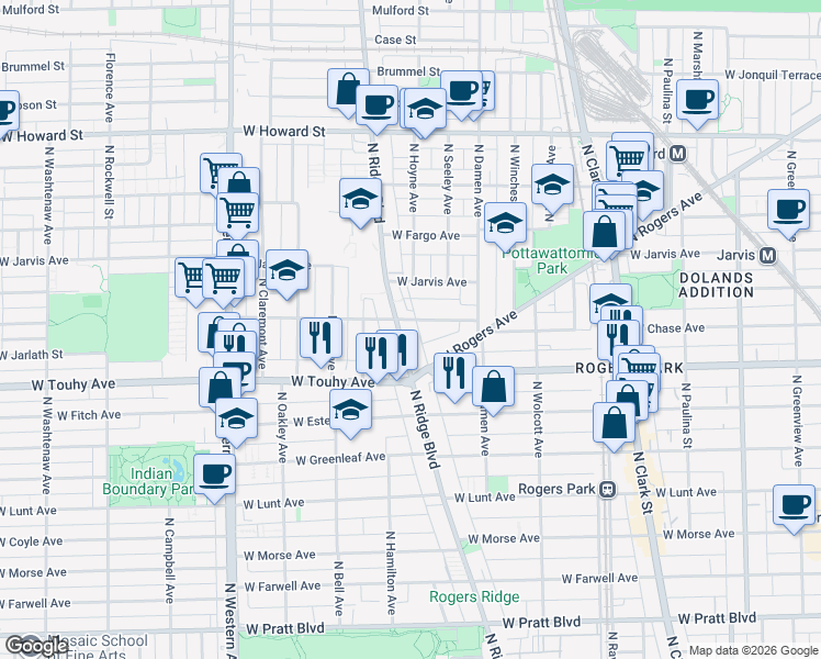 map of restaurants, bars, coffee shops, grocery stores, and more near 7255 North Ridge Boulevard in Chicago