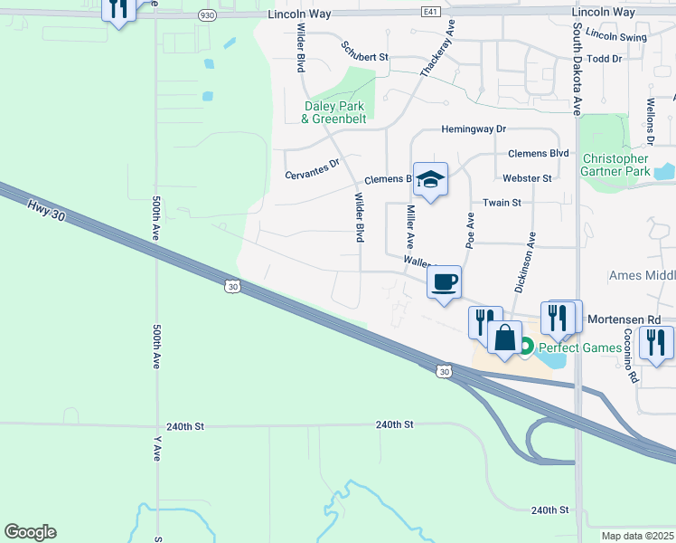 map of restaurants, bars, coffee shops, grocery stores, and more near 5304 Mortensen Road in Ames