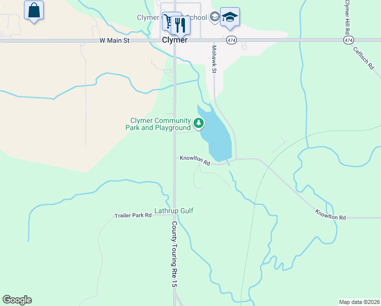 map of restaurants, bars, coffee shops, grocery stores, and more near 8720 Knowlton Road in Clymer
