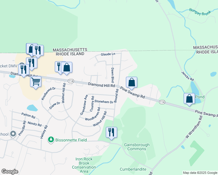 map of restaurants, bars, coffee shops, grocery stores, and more near 2515 Diamond Hill Road in Woonsocket