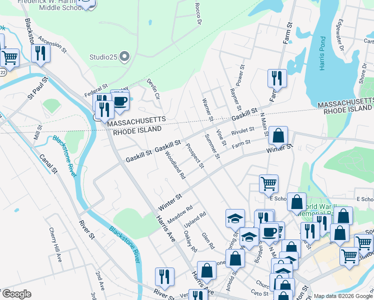 map of restaurants, bars, coffee shops, grocery stores, and more near 39 Rachel Street in Woonsocket