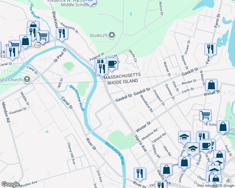 map of restaurants, bars, coffee shops, grocery stores, and more near 28 Gaskill Street in Woonsocket