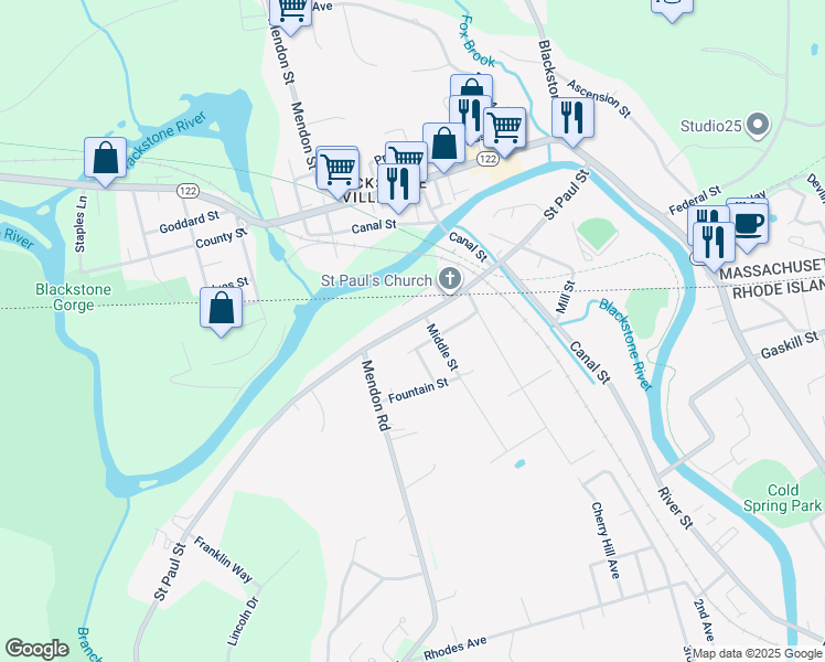 map of restaurants, bars, coffee shops, grocery stores, and more near 88B Saint Paul Street in North Smithfield