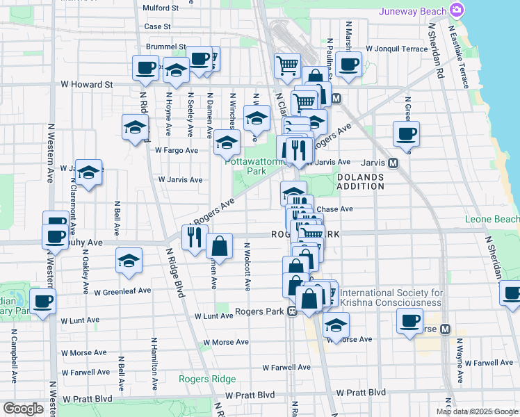 map of restaurants, bars, coffee shops, grocery stores, and more near 7231 North Wolcott Avenue in Chicago