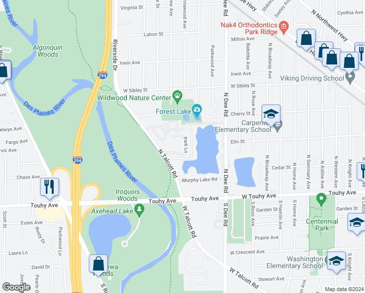 map of restaurants, bars, coffee shops, grocery stores, and more near 22 Park Lane in Park Ridge