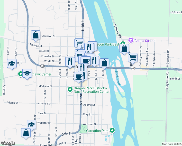map of restaurants, bars, coffee shops, grocery stores, and more near 123 S 3rd St in Oregon