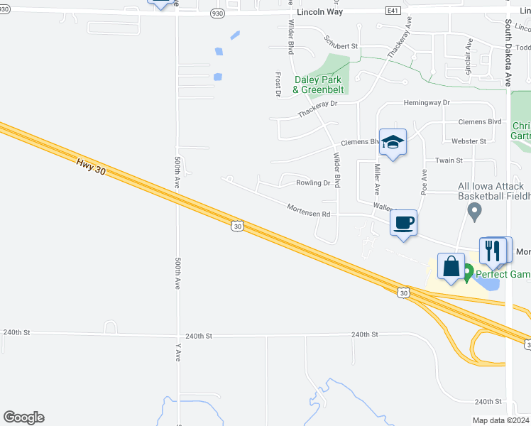 map of restaurants, bars, coffee shops, grocery stores, and more near 5456 Mortensen Road in Ames
