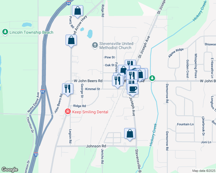 map of restaurants, bars, coffee shops, grocery stores, and more near 2883 Kimmel Street in Stevensville
