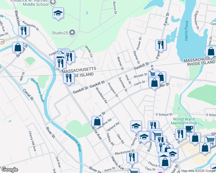 map of restaurants, bars, coffee shops, grocery stores, and more near 39 Rachel Street in Woonsocket