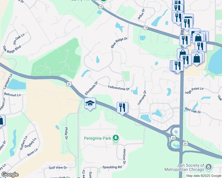 map of restaurants, bars, coffee shops, grocery stores, and more near 1507 Yellowstone Drive in Streamwood