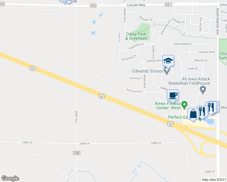 map of restaurants, bars, coffee shops, grocery stores, and more near 5456 Mortensen Road in Ames