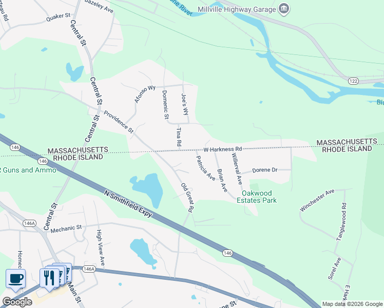 map of restaurants, bars, coffee shops, grocery stores, and more near 15 Harkness Road in North Smithfield