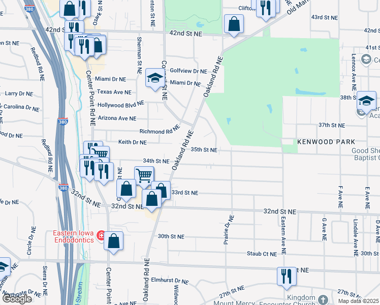 map of restaurants, bars, coffee shops, grocery stores, and more near 1287 35th Street Northeast in Cedar Rapids