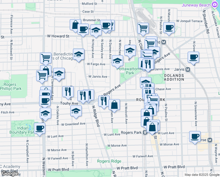 map of restaurants, bars, coffee shops, grocery stores, and more near 7262 North Rogers Avenue in Chicago