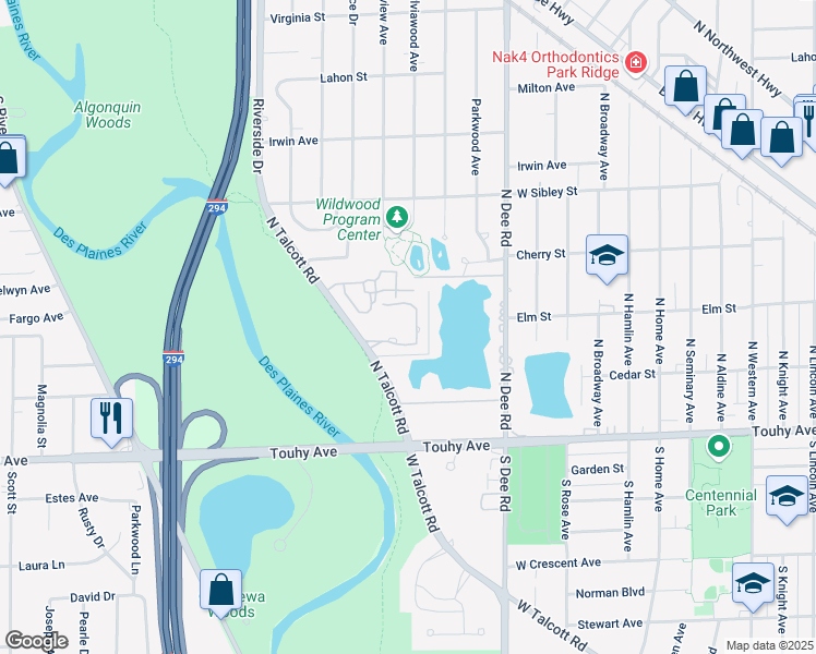 map of restaurants, bars, coffee shops, grocery stores, and more near 22 Park Lane in Park Ridge