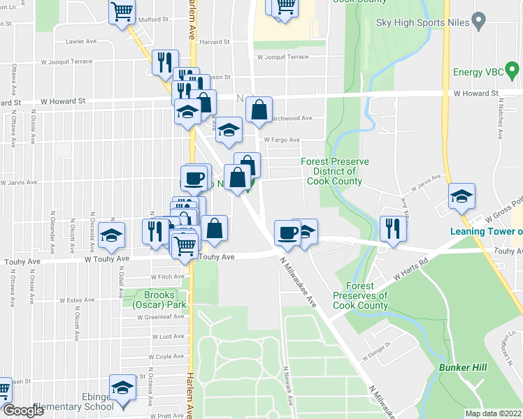 map of restaurants, bars, coffee shops, grocery stores, and more near 7361 Waukegan Road in Niles