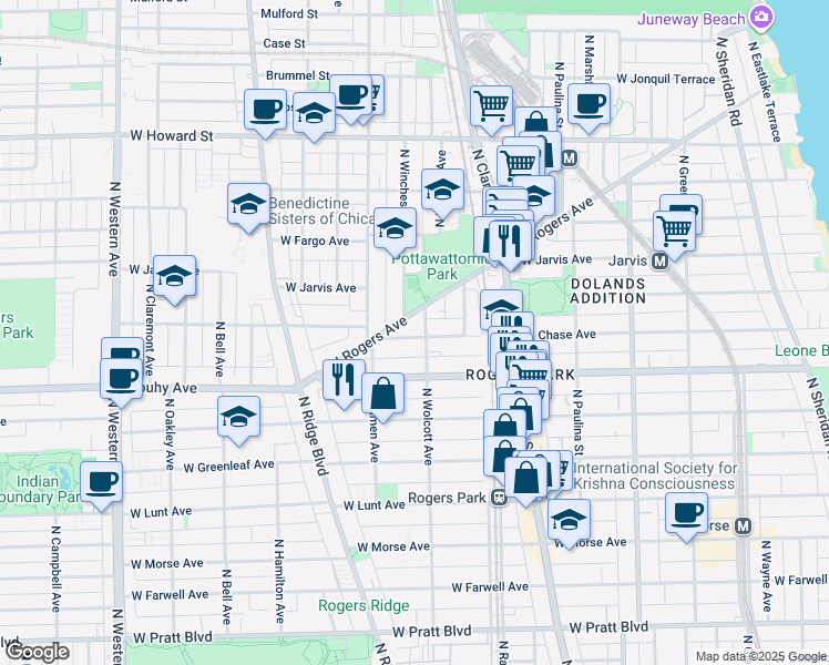 map of restaurants, bars, coffee shops, grocery stores, and more near 7231 North Wolcott Avenue in Chicago