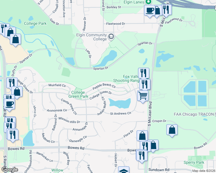 map of restaurants, bars, coffee shops, grocery stores, and more near 1679 Pebble Beach Circle in Elgin