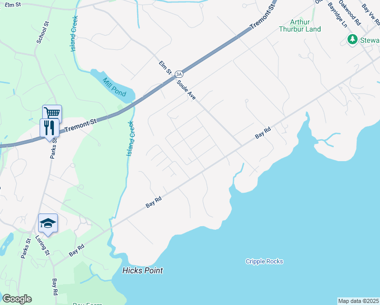 map of restaurants, bars, coffee shops, grocery stores, and more near 32 Mullins Avenue in Duxbury
