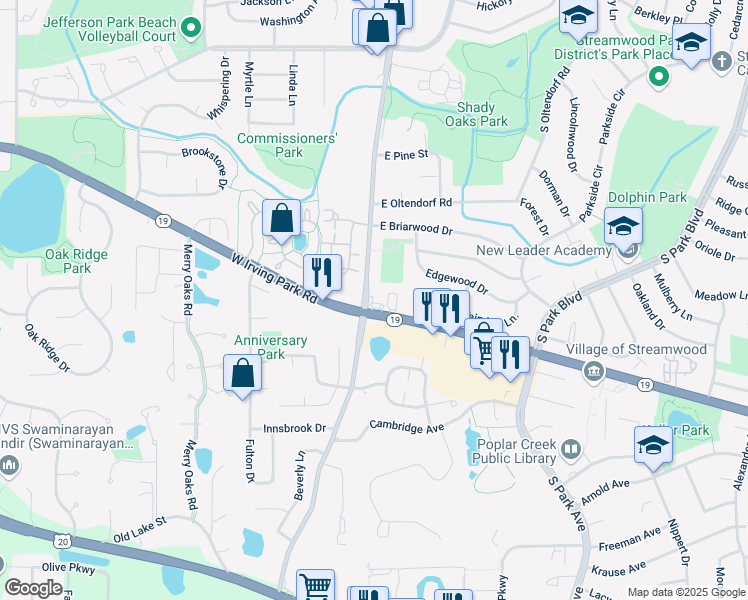map of restaurants, bars, coffee shops, grocery stores, and more near 2 West Irving Park Road in Streamwood