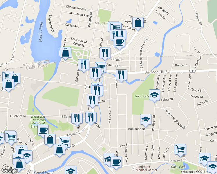 map of restaurants, bars, coffee shops, grocery stores, and more near 451 Burnside Avenue in Woonsocket